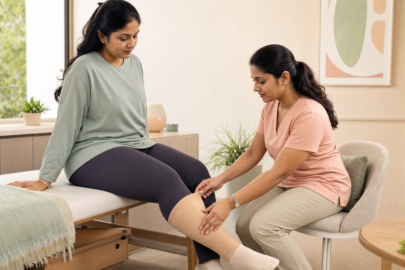 A therapist fitting lower-leg compression for a patient in a clinic