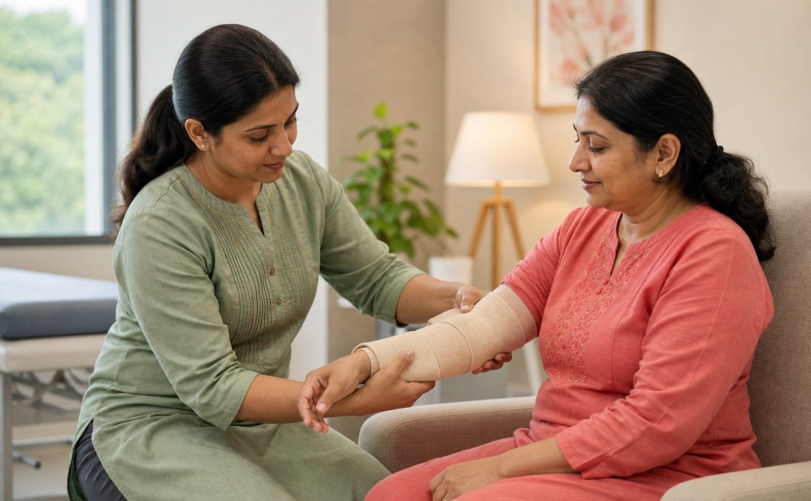 A therapist applying compression wrapping to a patient's forearm