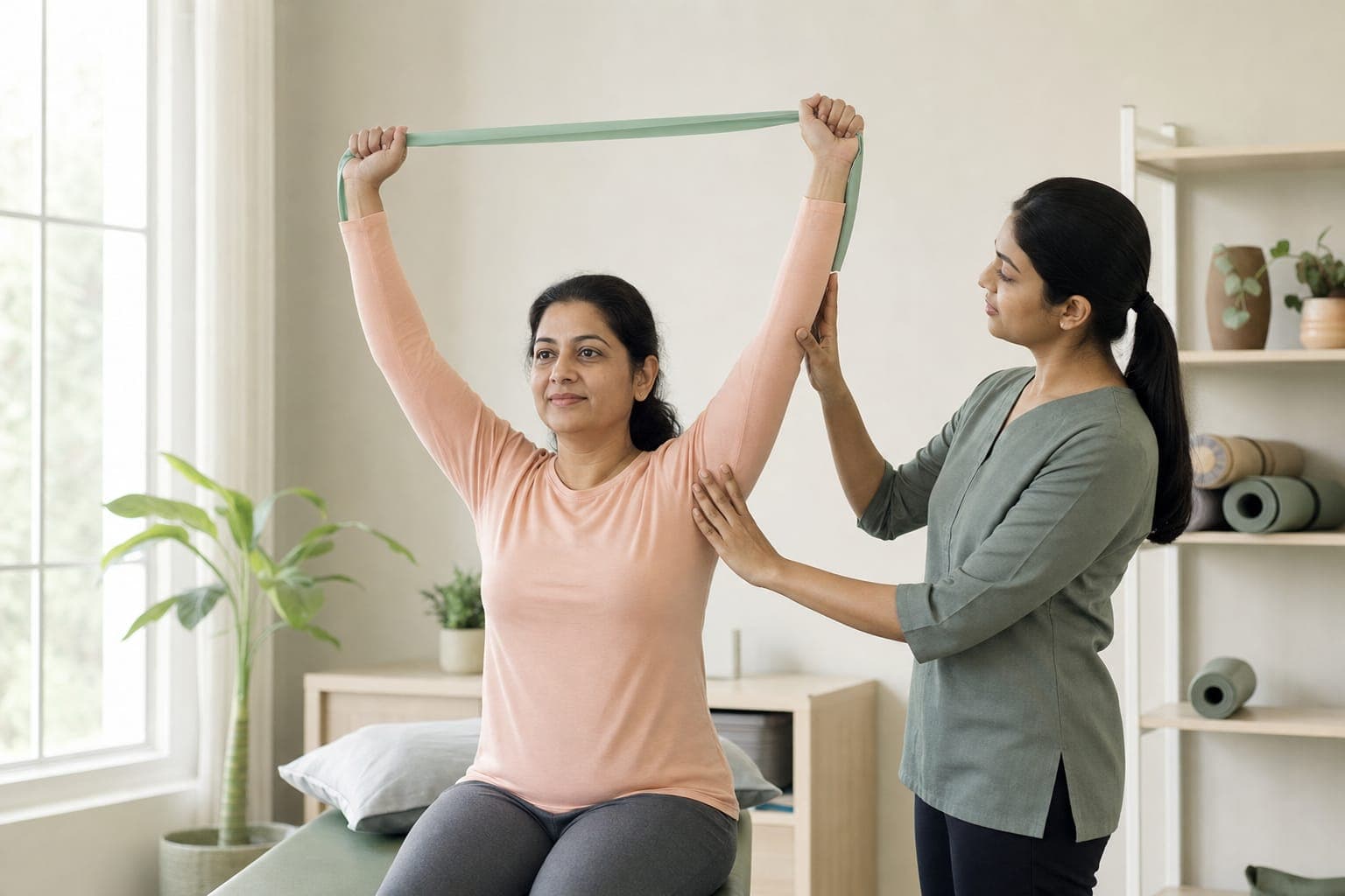 A therapist guiding an overhead resistance-band mobility exercise
