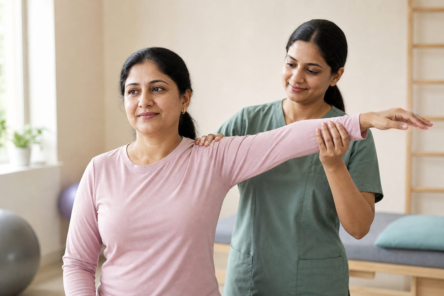 A therapist guiding a patient through a supported shoulder mobility exercise