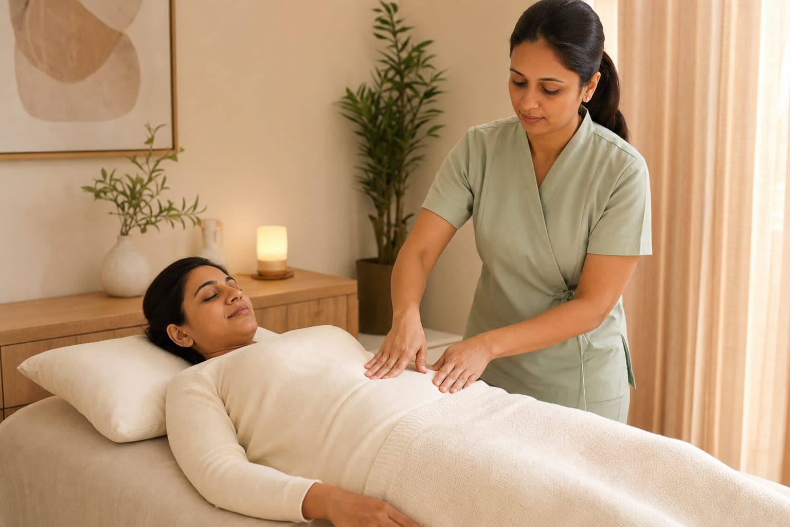 A therapist providing gentle manual care to a fully covered patient