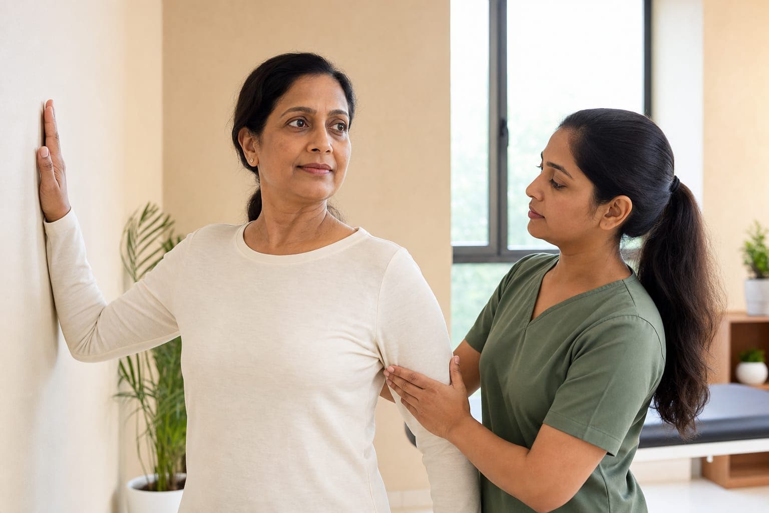 A therapist guiding a patient through a wall-assisted shoulder stretch